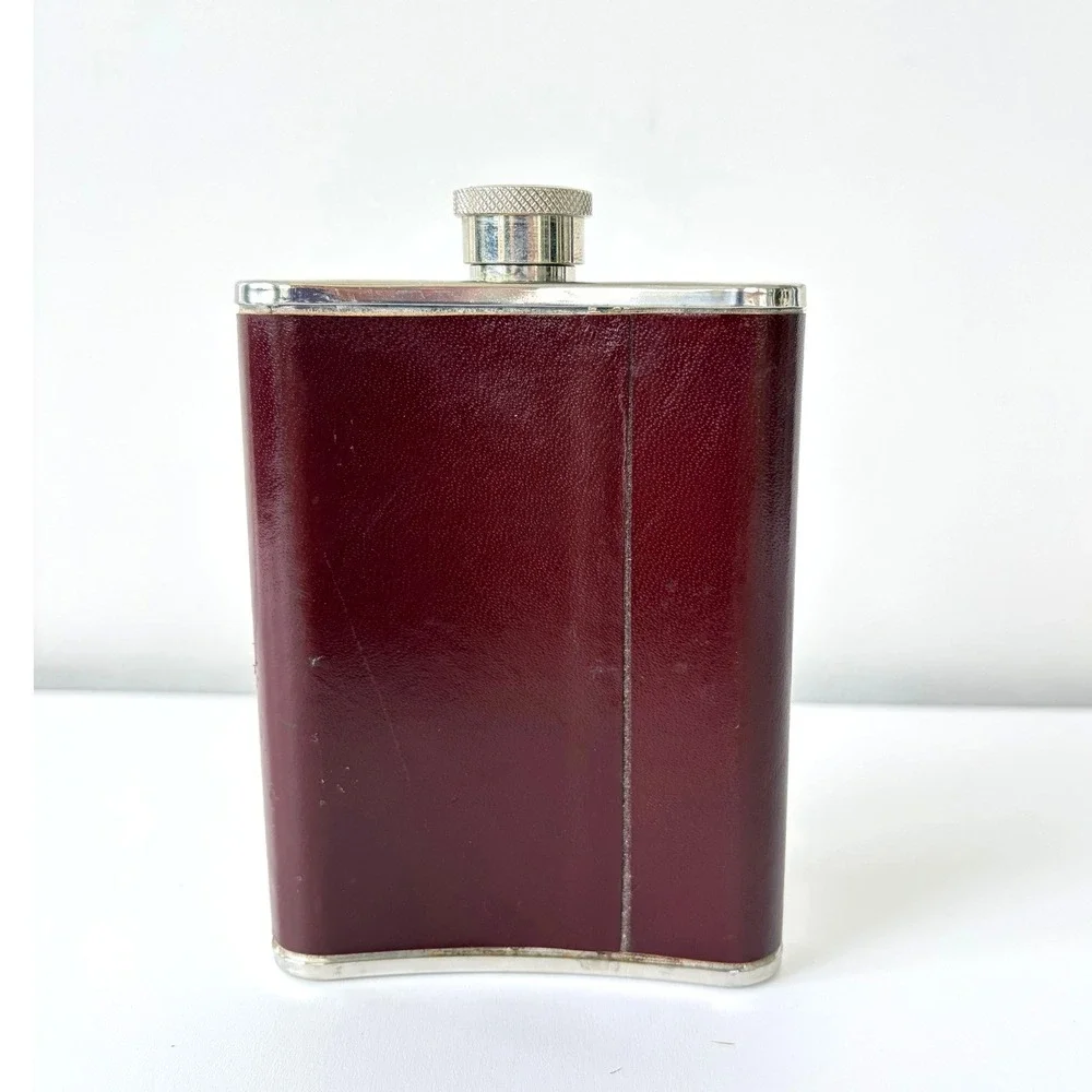 Vintage 6oz Stainless Steel Hip Flask Burgundy Leatherette Wrap Pocket Barware